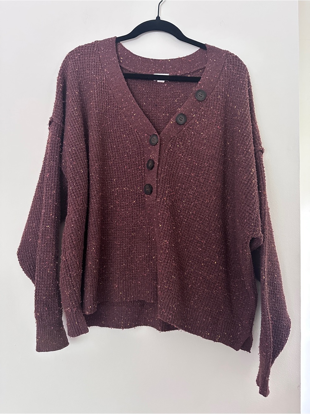 Oversized V-Neck Button Pullover Sweater - Brown